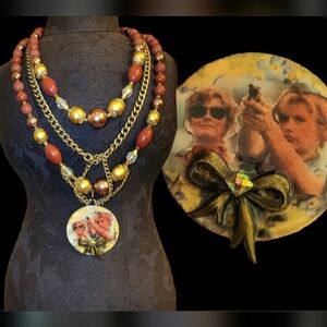 Vtg 50s purple chestnut gold Thelma Louise 3 strand beads & chains necklace NWT